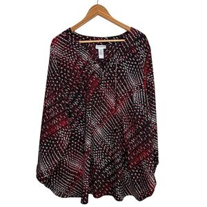 Catherine's Womens Blouse 2X Black Red Lace Up Neck Office Work Career Mature